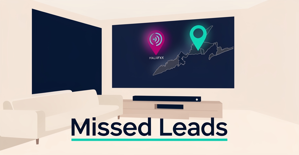 Flat illustration of a home theater with a Nova Scotia map pin over Halifax, accented in teal and magenta, with headline Missed Leads.