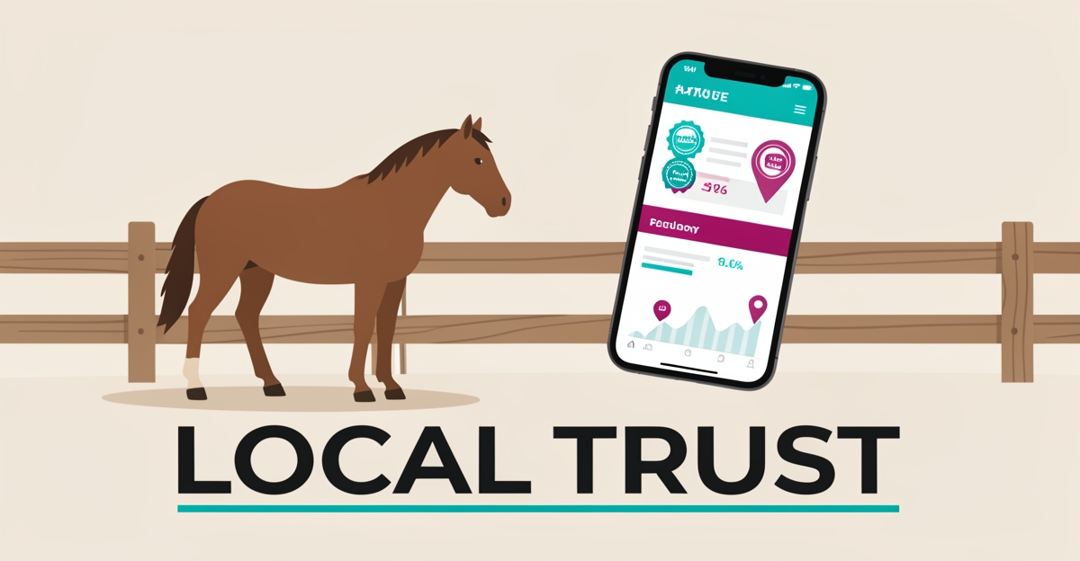 Flat illustration of a horse ranch with a smartphone showing a trusted website layout, accented in teal and magenta, titled Local Trust.