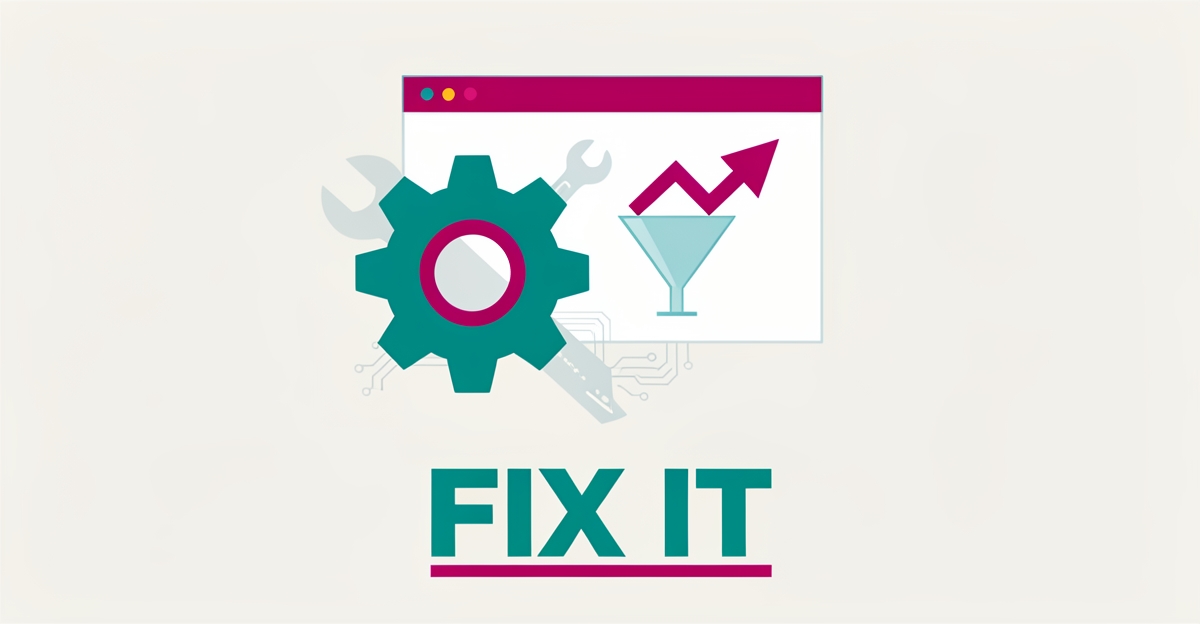 Flat illustration of an industrial gear connected to a website funnel with AI circuit lines and rising conversion arrow.