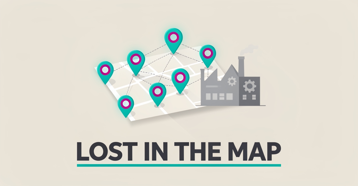 Flat illustration of a map with glowing location pins connecting to an industrial facility, symbolizing service area visibility for maintenance websites.