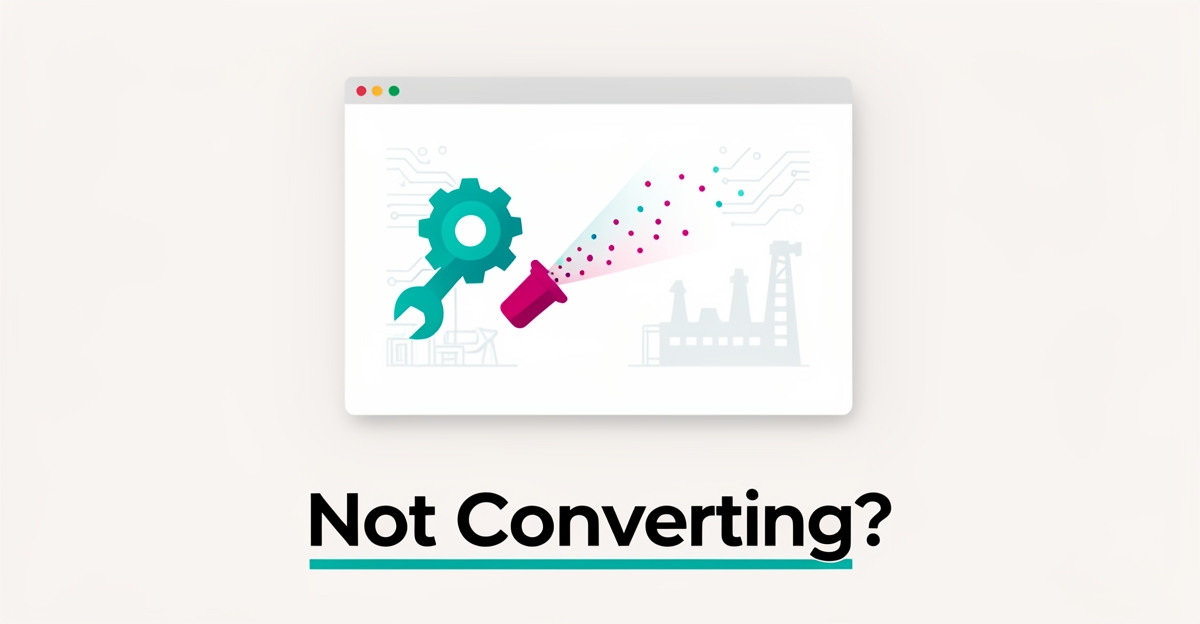 Flat illustration of an industrial website with leads falling from a funnel, accented in teal and magenta, headlined 'Not Converting?'.