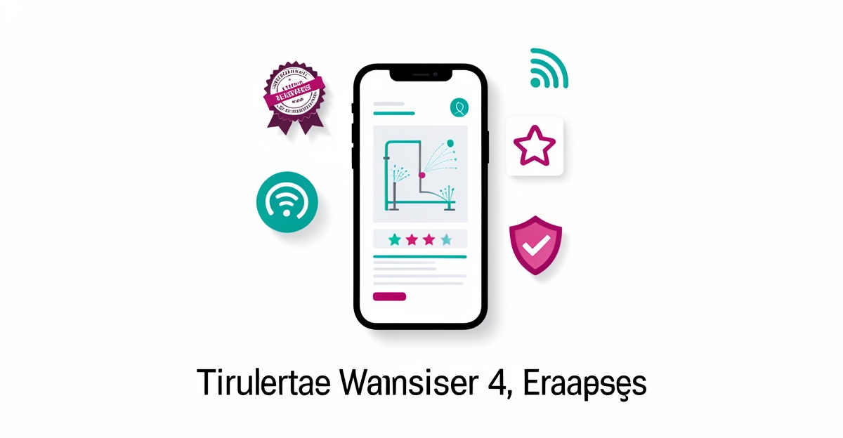 Flat illustration of a mobile irrigation website with trust badges and certification icons in teal and magenta accents.