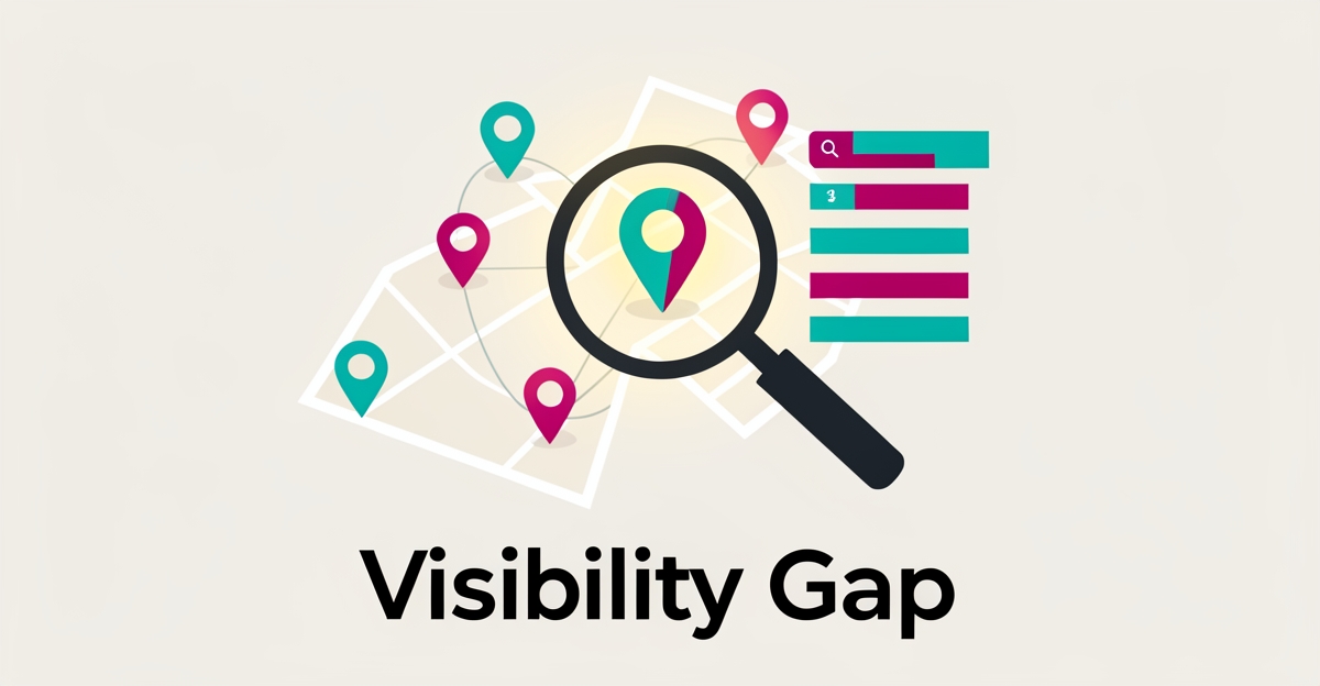 Flat illustration of a local map with location pins, magnifying glass, and rising ranking bars in teal and magenta accents.
