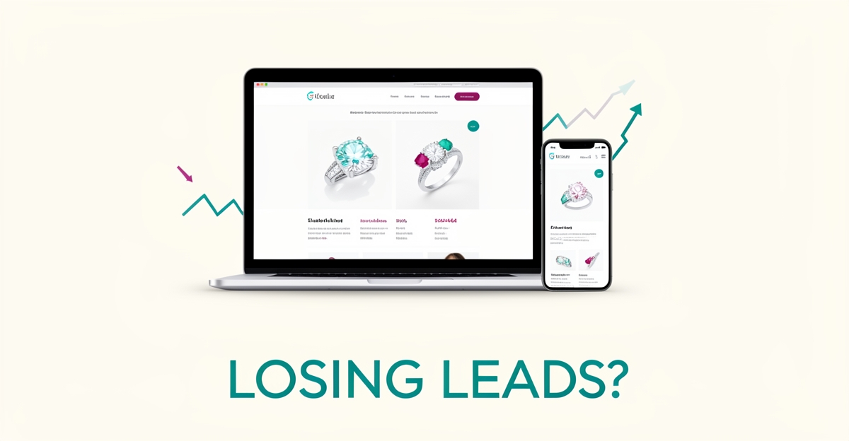 Flat illustration of a laptop and phone showing a jewelry website with declining conversion graph in teal and magenta accents.