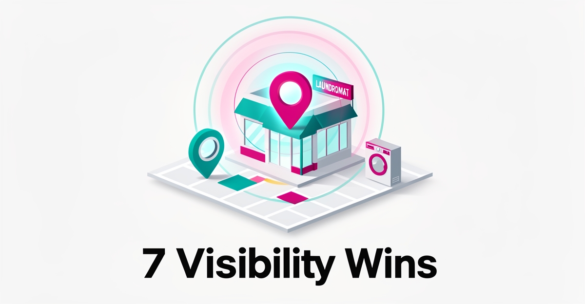 Flat illustration of a laundromat with a glowing map pin and service radius rings, highlighting local search visibility for laundromat websites.