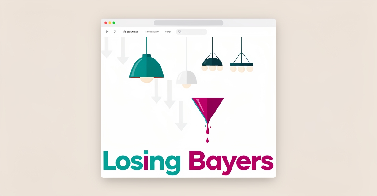 Flat illustration of a lighting showroom website with fixtures and a leaking funnel, accented in teal and magenta, with headline Losing Buyers.