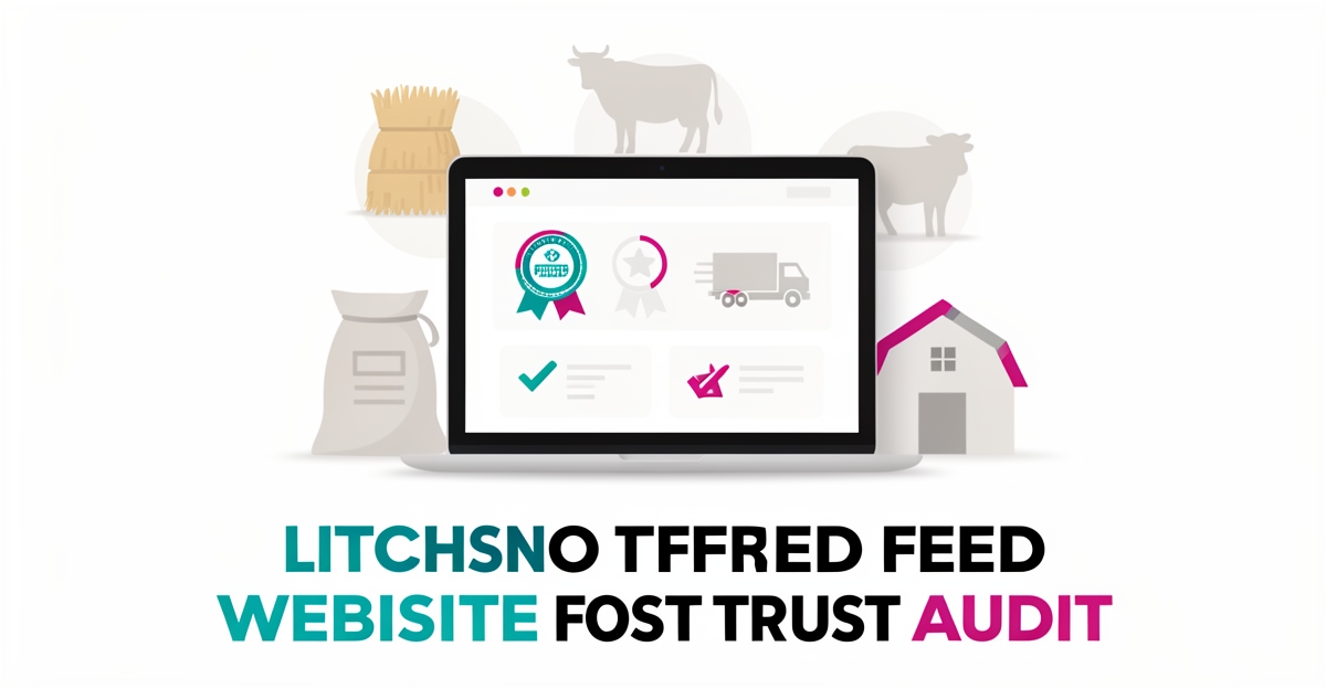 Flat illustration of a laptop showing a livestock feed website with faded trust badges and farming icons in teal and magenta accents.