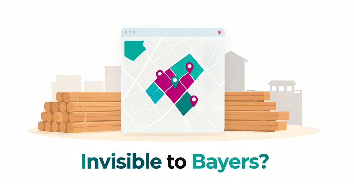 Flat illustration of a lumber yard with digital service coverage map overlay showing highlighted local delivery zones and location markers.