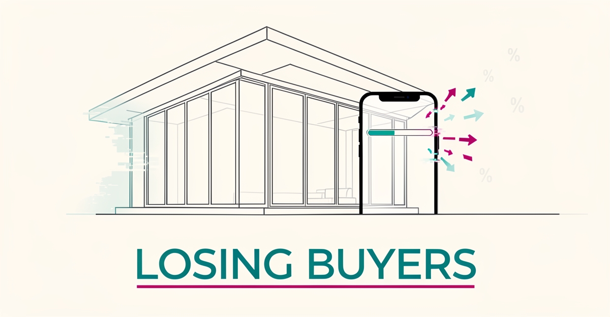 Flat illustration of a luxury home with glitch effects and drifting arrows symbolizing lost high-end buyers, with headline 'Losing Buyers'.