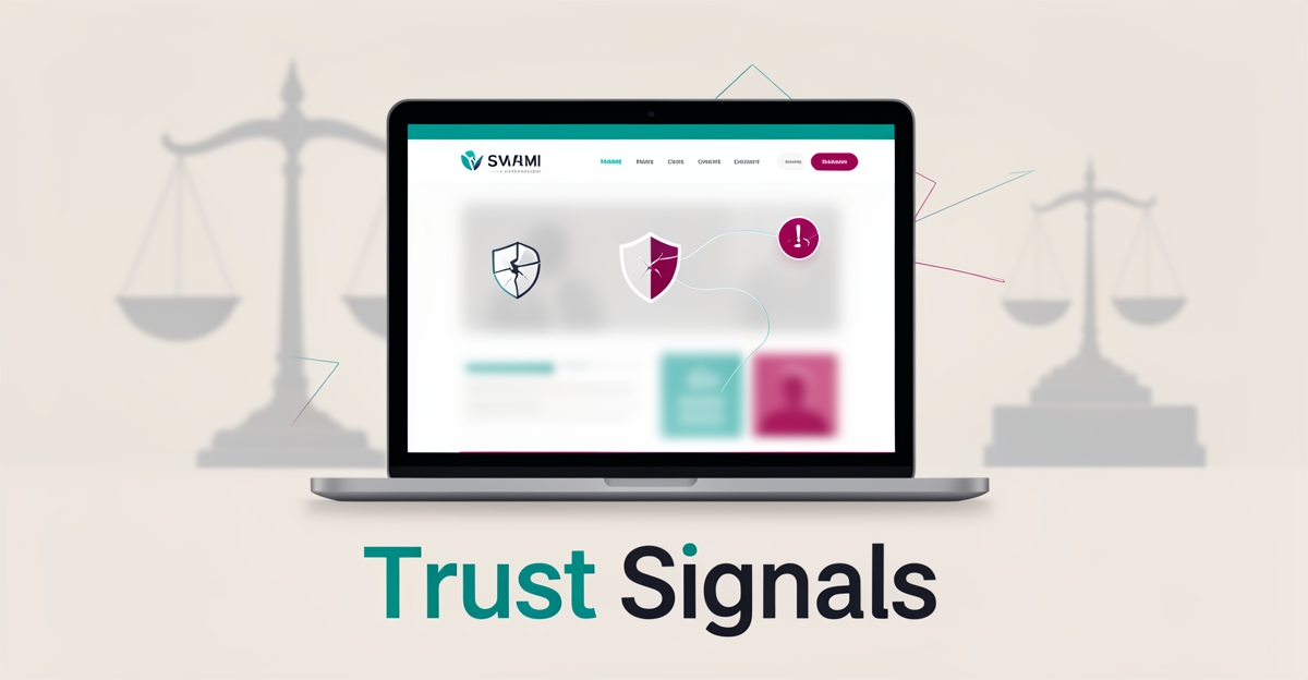 Flat illustration of a laptop showing a law firm website with a cracked shield icon, symbolizing lost client trust, accented in teal and magenta.