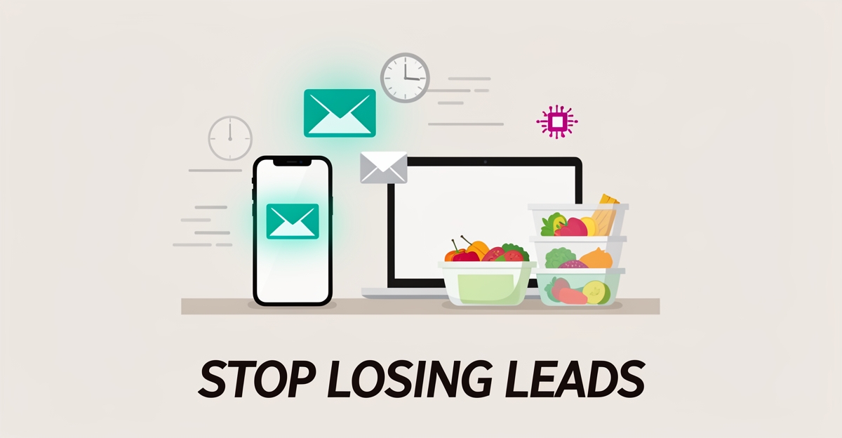 Flat illustration of a phone, laptop, and meal prep containers with email and clock icons showing AI speeding up slow client responses.