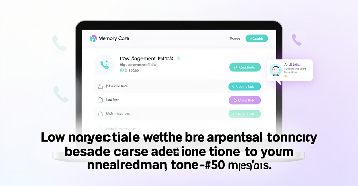 A minimalist flat illustration of a memory care website interface showing low conversion signs, with brand-colored accents and an AI chatbot highlight, conveying missed visitor engagement.