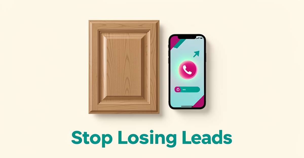 Flat illustration of a millwork cabinet sample beside a smartphone with a call button, symbolizing website lead conversion.