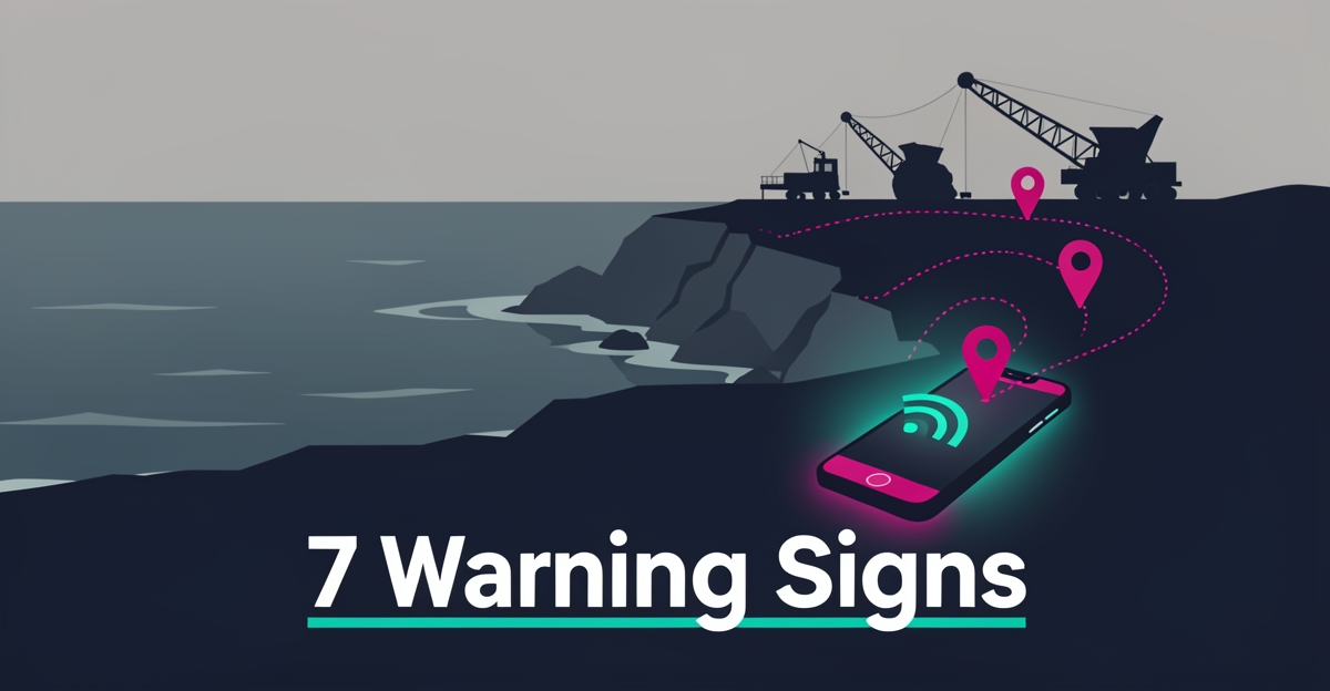 Flat illustration of a Nova Scotia coastline with mining equipment and a weak-signal smartphone, symbolizing remote prospects failing to reach a mining supplier website.