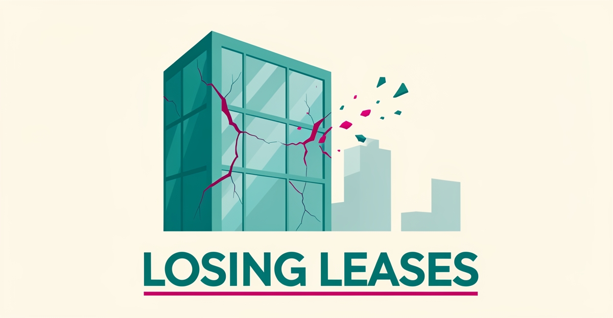 Flat illustration of a medical office building cracking apart with fragments drifting toward a competitor, accented in teal and magenta with the headline Losing Leases.