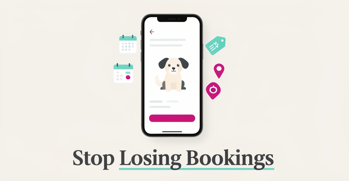 Flat illustration of a smartphone showing a pet grooming booking app with a dog icon, calendar, and price tag, accented in teal and magenta.