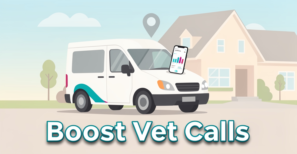 A mobile veterinary van outside a home with a smartphone showing low call analytics, branded with accent colors and the headline 'Boost Vet Calls' in the lower third.