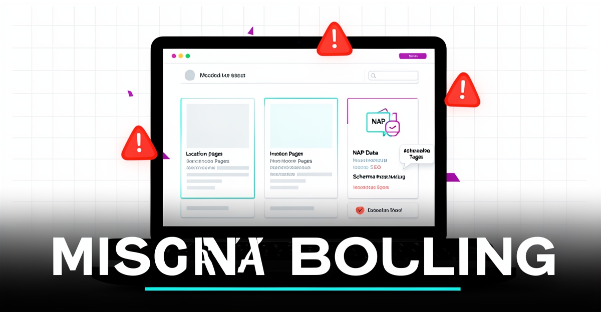 A clean flat illustration of a molding website missing local SEO signals, with warning icons and brand-colored accents, highlighting the need for automated local SEO fixes.