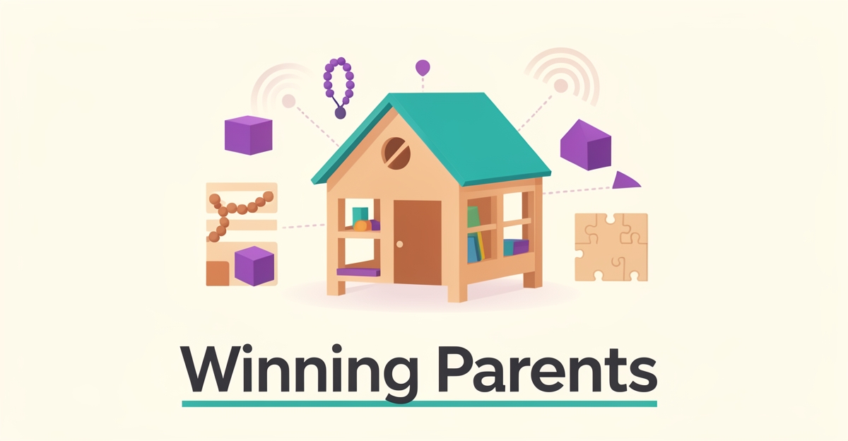 Flat illustration of a Montessori schoolhouse with learning materials and digital signal accents, headline reading Winning Parents.