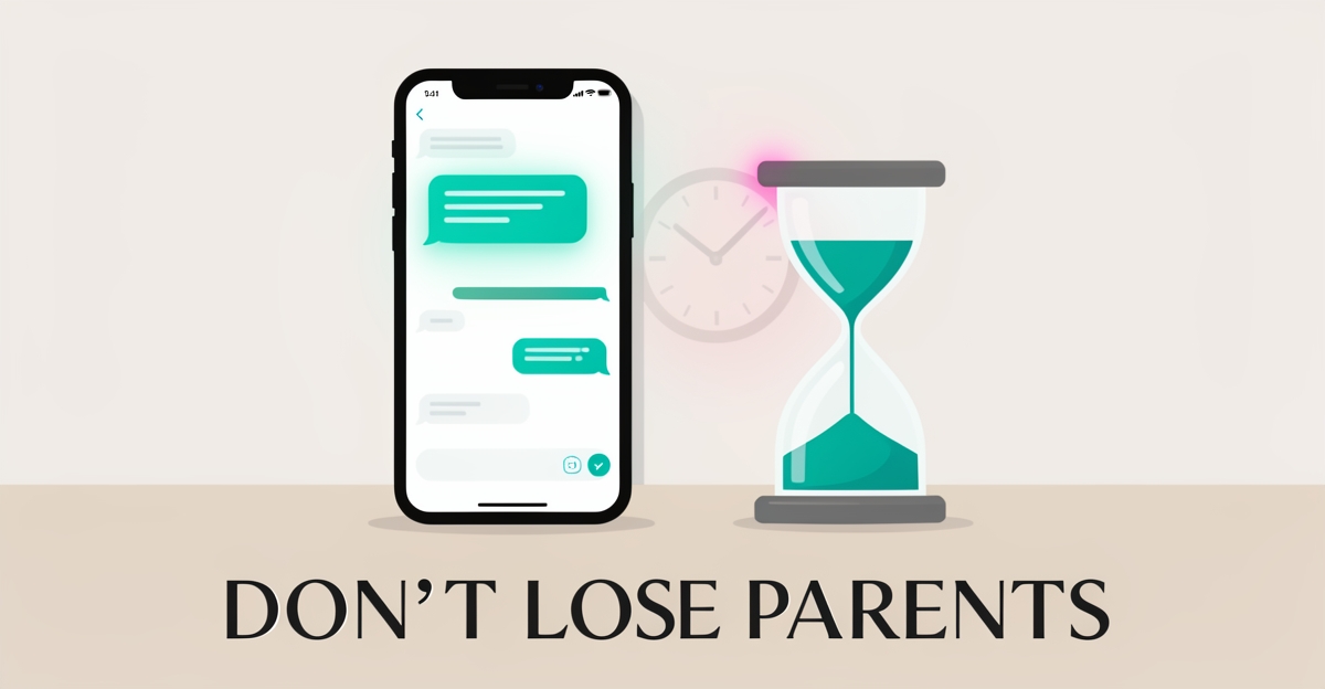 Flat illustration of a smartphone with an unanswered chat message beside an hourglass, symbolizing slow response times losing nanny agency leads.