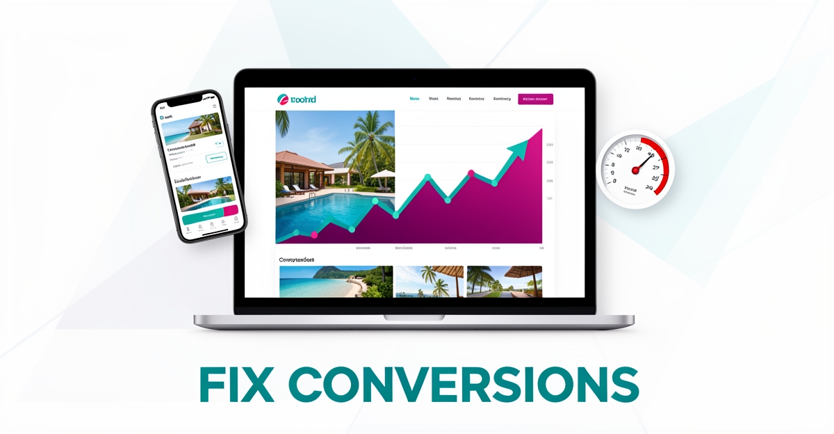 Flat illustration of a laptop showing a declining conversion graph for a vacation rental website, with mobile and speedometer elements in teal and magenta accents.