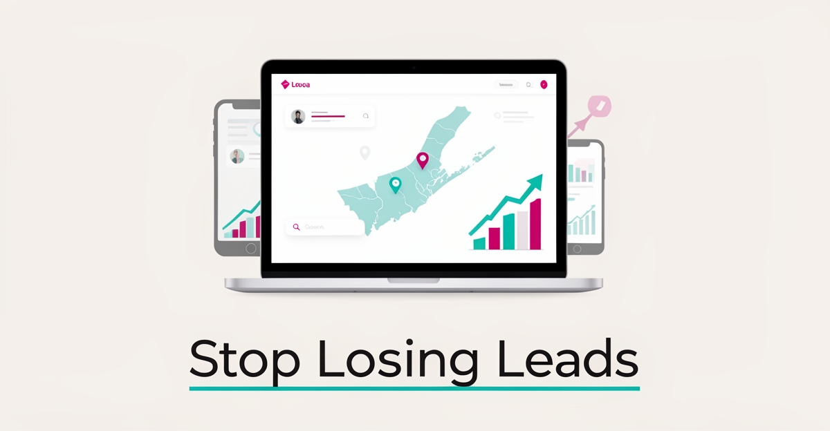 Flat illustration of laptop with Nova Scotia map and mobile icons, teal and magenta accents, headline Stop Losing Leads.