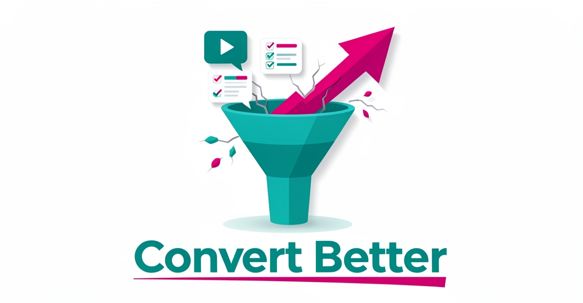 Flat illustration of a teal sales funnel turning course modules into a rising magenta growth arrow, headlined Convert Better.