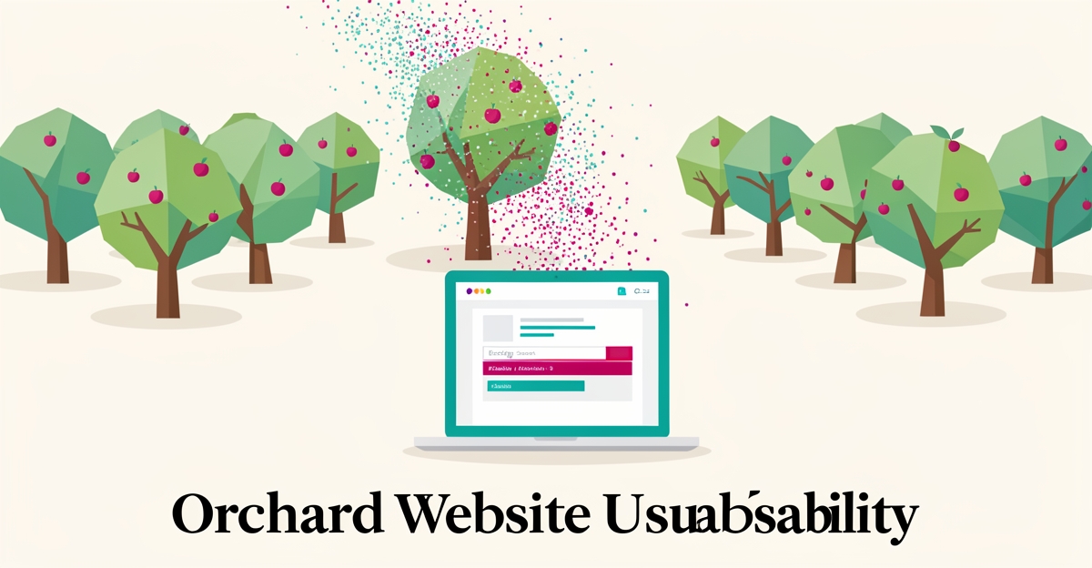 Flat illustration of a stylized orchard with a tablet showing a booking search bar, symbolizing a website losing visitors before they book.