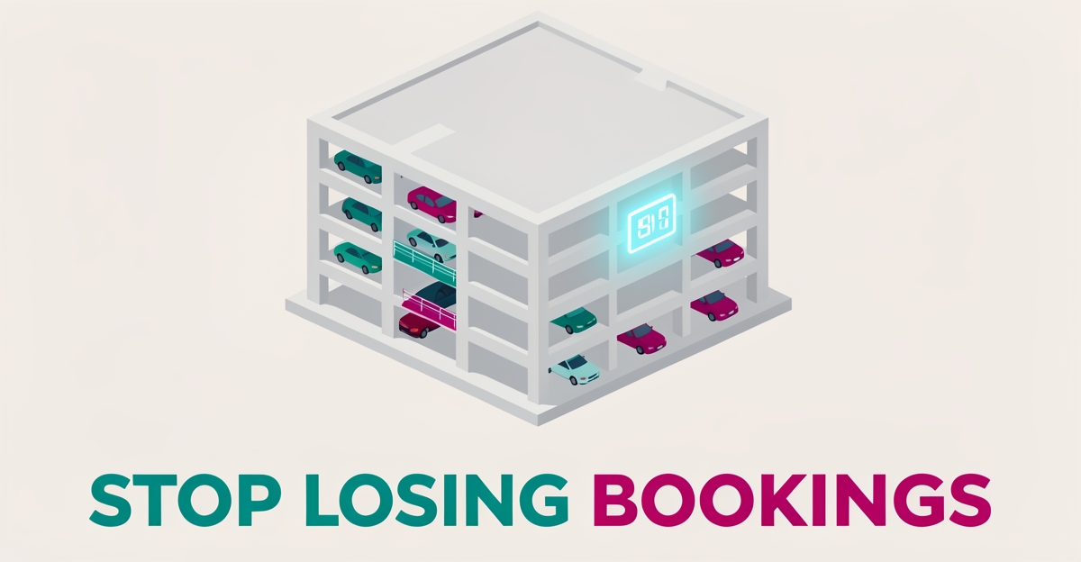 Flat illustration of a modern parking garage with digital availability display in teal and magenta, headlined Stop Losing Bookings.