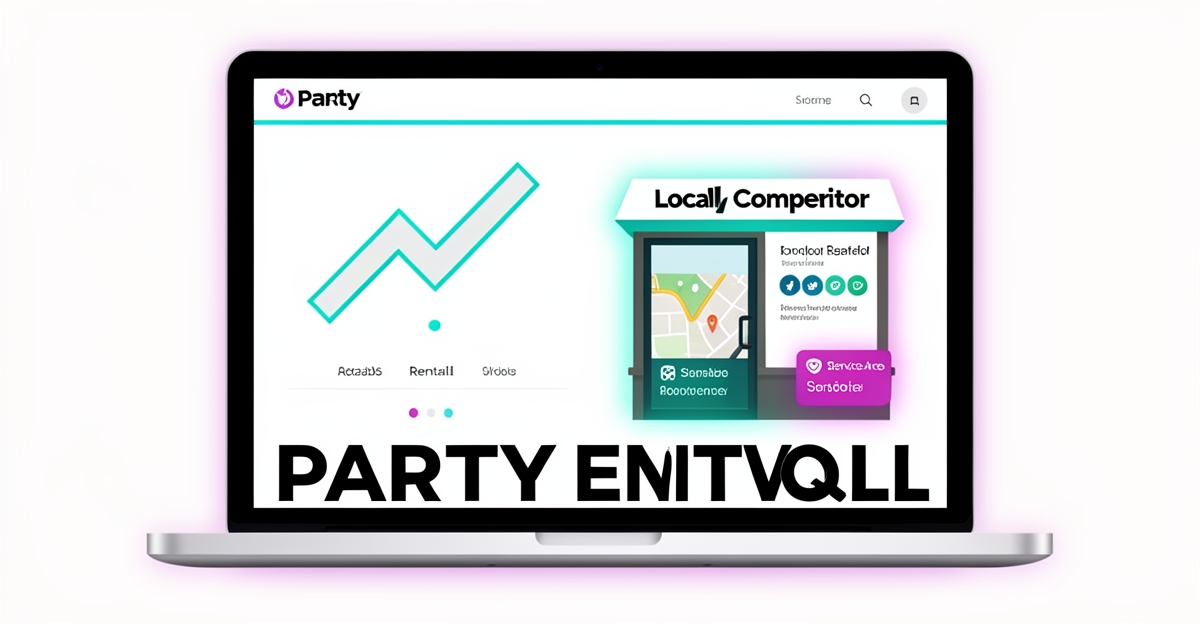 A minimalist flat illustration of a party rental website losing visibility to a stronger local competitor, with trust signals and brand-colored accents highlighting local SEO gaps.
