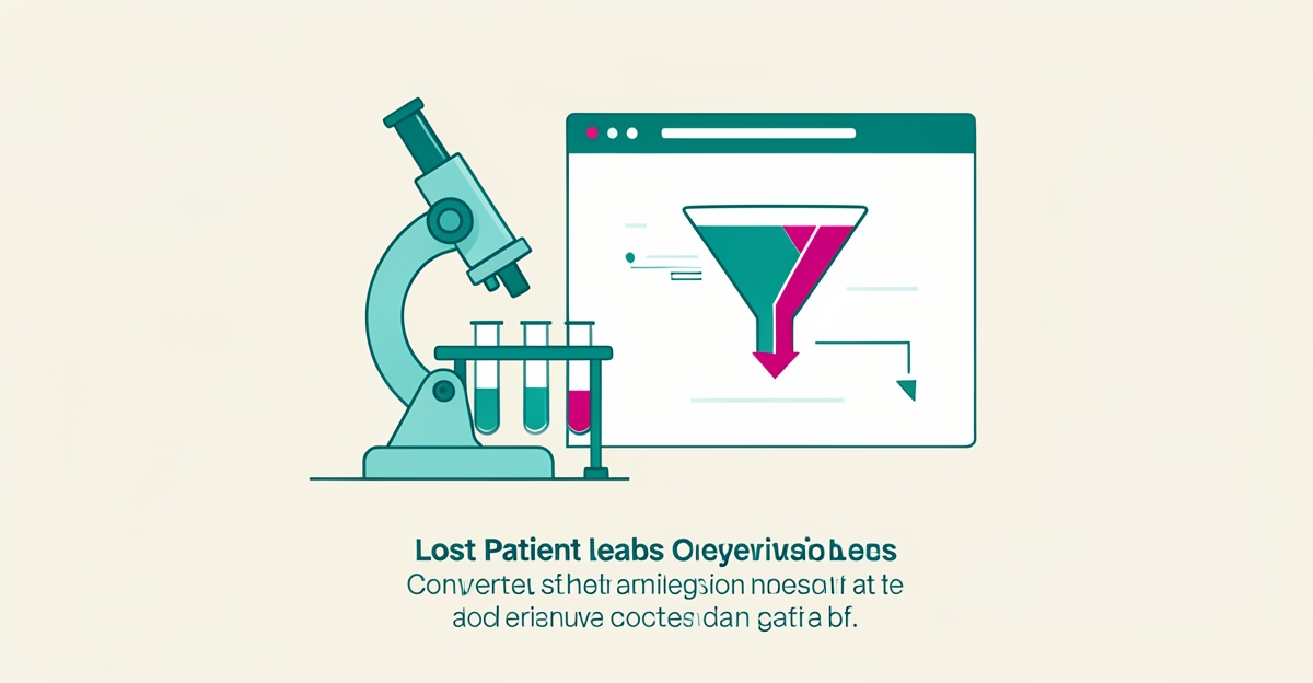 Flat illustration of a microscope and a website conversion funnel with declining trends, accented in teal and magenta, with the headline Losing Patients?