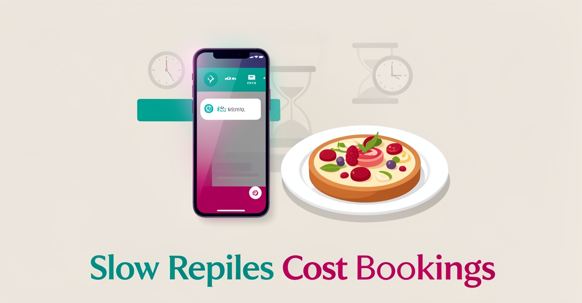 Flat illustration of an unanswered message on a phone beside a gourmet dish, symbolizing lost personal chef bookings from slow replies.
