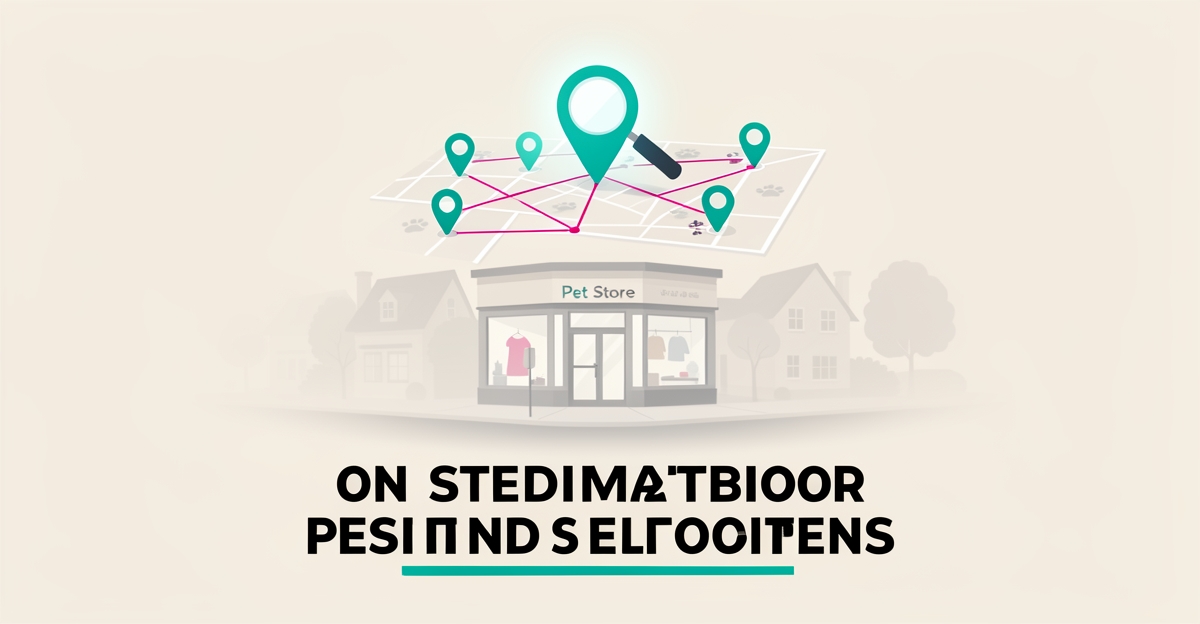 Flat illustration of a pet store fading into fog beneath a glowing map pin, symbolizing missing local search visibility.