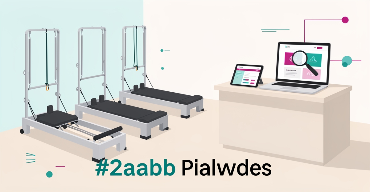 Minimalist flat illustration of empty Pilates reformers and a booking website highlighting studio conversion issues.