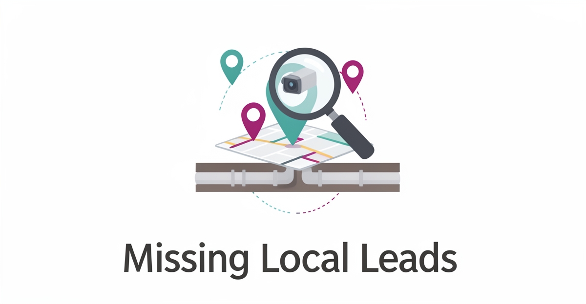 Flat illustration of pipeline inspection and local search map pins showing missing local leads for SEO.