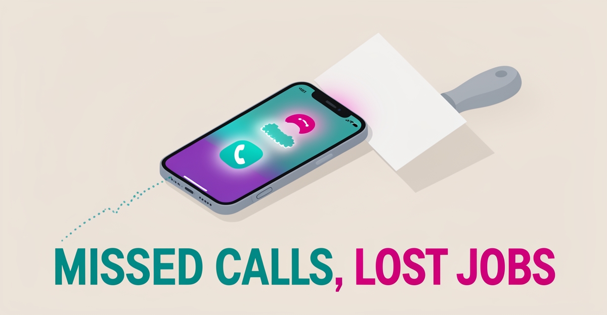 Flat illustration of an unanswered ringing phone beside plastering tools, symbolizing lost leads from poor call handling.