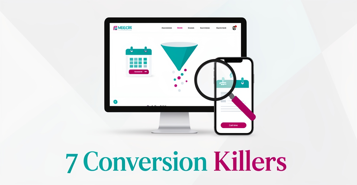 Flat illustration of a website funnel losing leads with a booking calendar icon, accented in teal and magenta, headline reading 7 Conversion Killers.