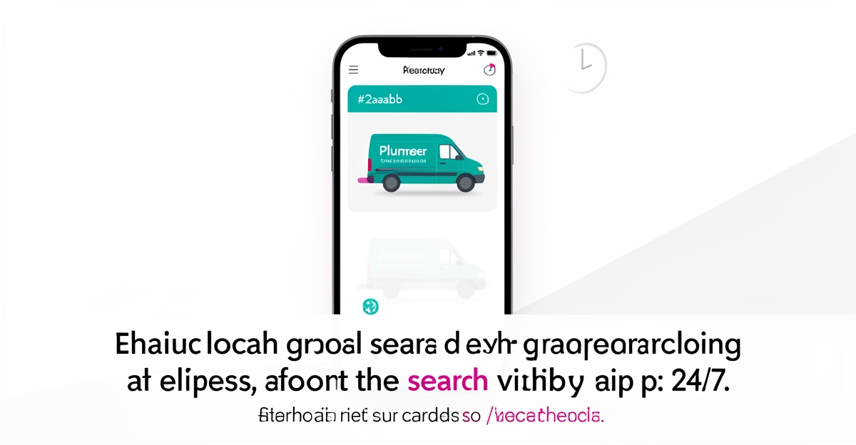 Flat illustration of a smartphone showing local search results with one plumber ranking above a fading competitor, accented in teal and magenta.