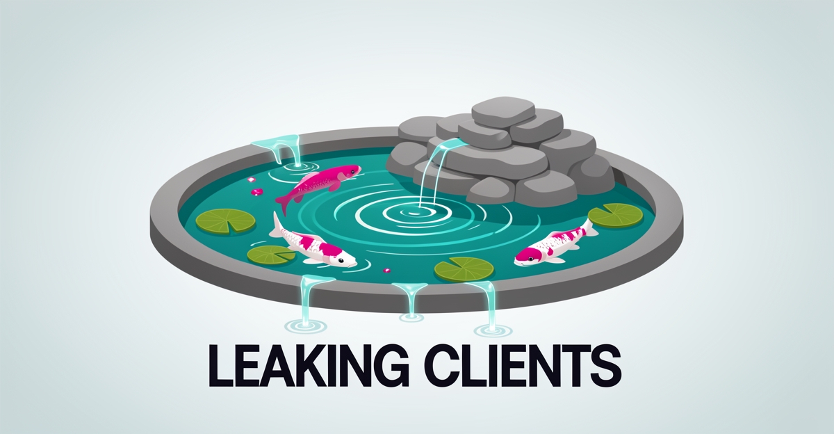 Flat illustration of a koi pond with water feature and glowing leaks, symbolizing a website losing clients, with headline Leaking Clients.