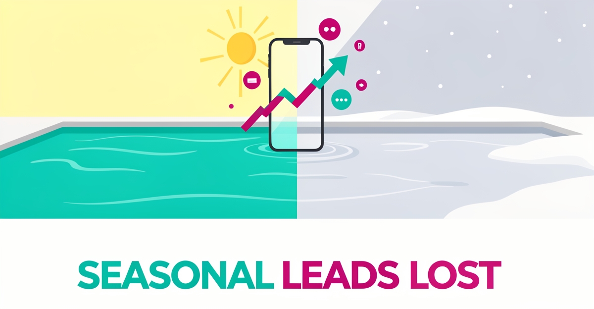 Flat illustration of a pool split between summer and winter with mobile lead symbols, highlighting seasonal lead loss for pool service websites.