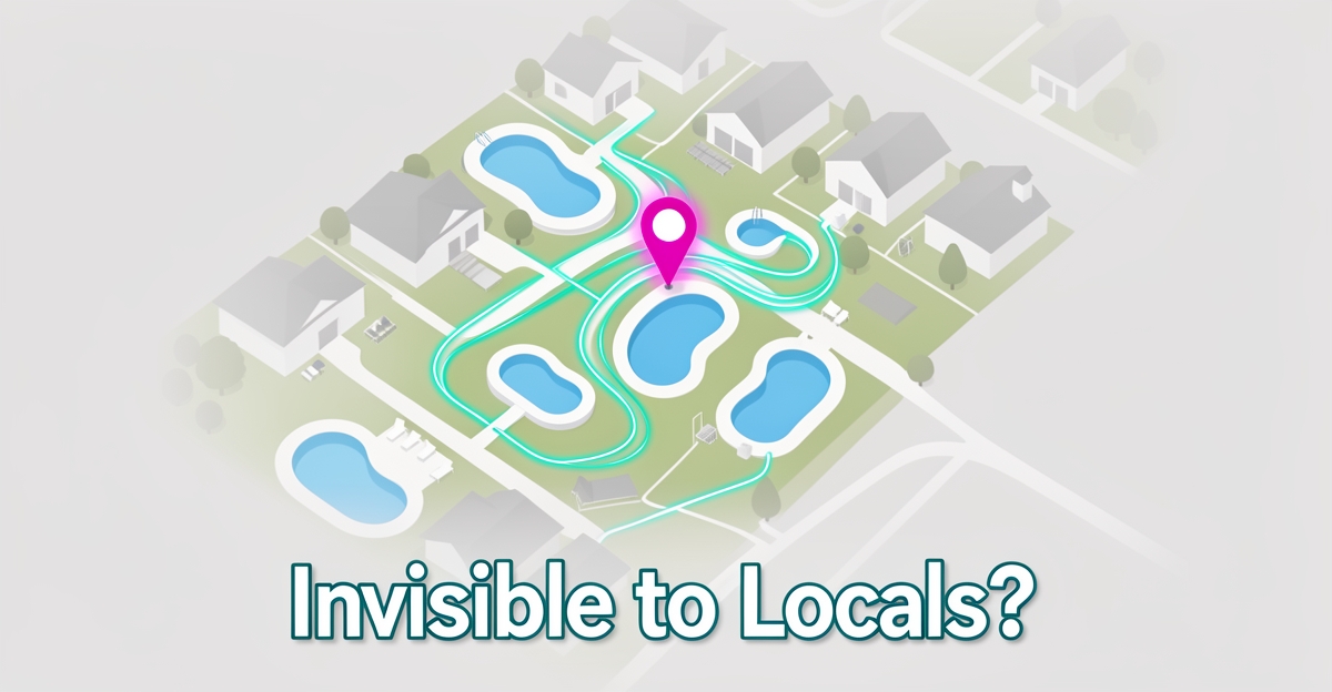 Suburban map with pools connected by teal network paths, one highlighted in magenta, showing local visibility contrast.