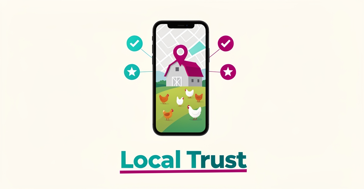 Flat illustration of a smartphone map pin over a poultry farm with trust signal icons, symbolizing local SEO credibility.