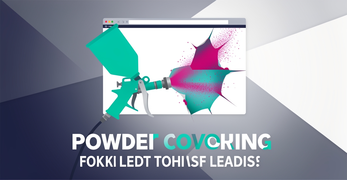 Flat illustration of a powder coating spray gun with colored particles leaking through a cracked website frame, symbolizing lost leads.