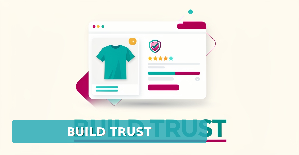 Flat illustration of an e-commerce product page with trust badges and delivery icons in teal and magenta, headlined Build Trust.