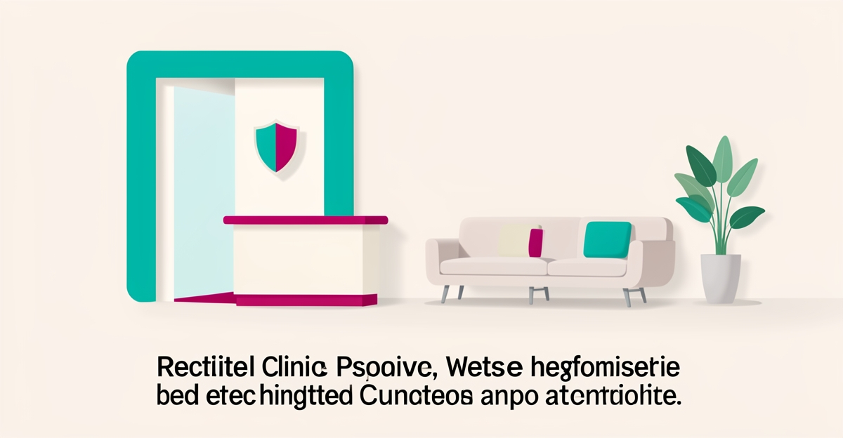 Minimalist flat illustration of a calm digital clinic portal with safety shield accents in teal and magenta.