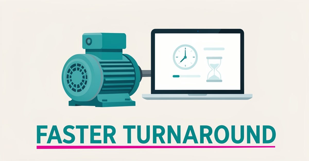 Flat illustration of an industrial pump and motor beside a laptop with a clock dashboard, symbolizing faster repair turnaround times.