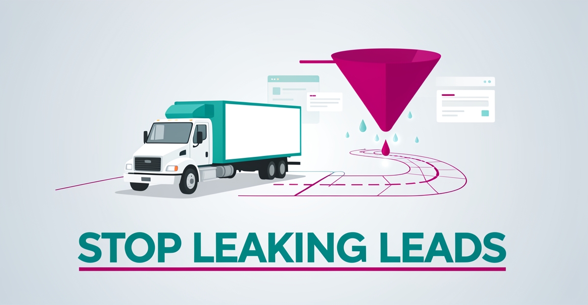 Flat illustration of a refrigerated truck beside a leaking conversion funnel made of website elements, symbolizing lost leads.