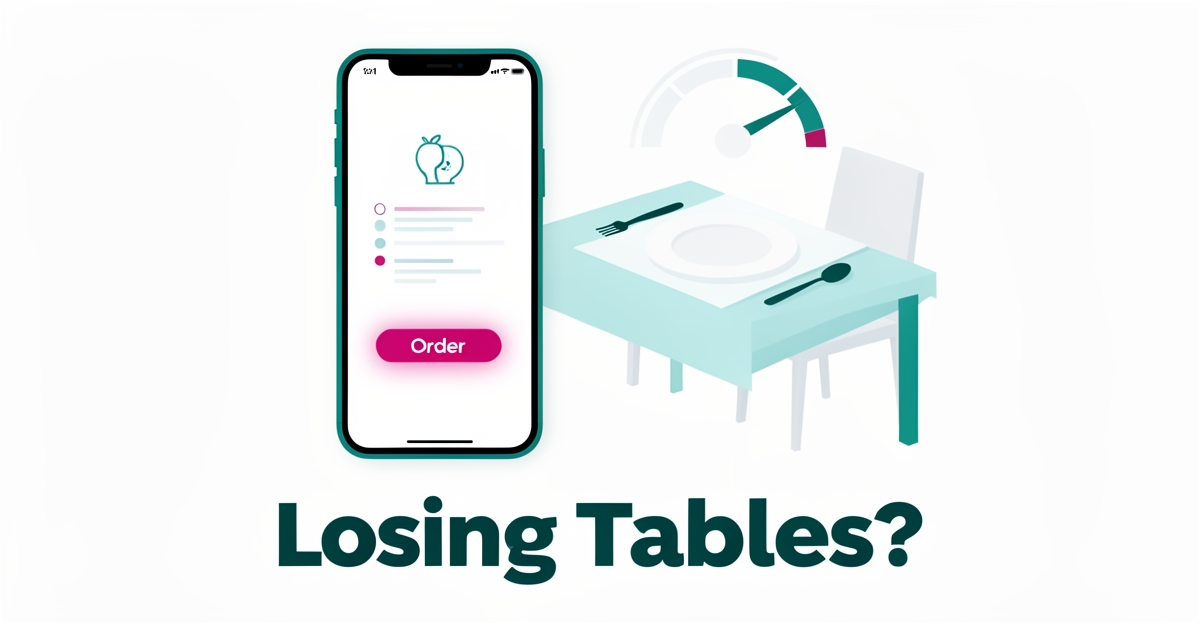 Flat illustration of a smartphone showing a restaurant website beside an empty dining table, symbolizing lost walk-in customers from poor web design.