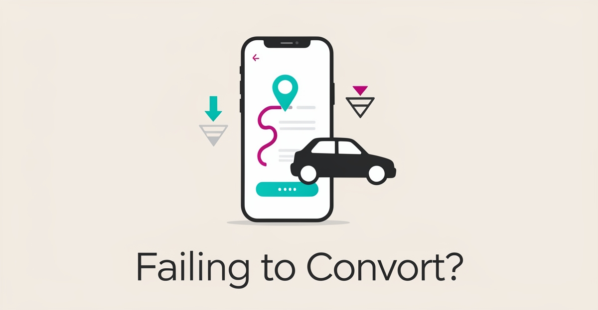 Flat illustration of a smartphone with a rideshare booking app beside a car icon, accented in teal and magenta with the headline Failing to Convert?