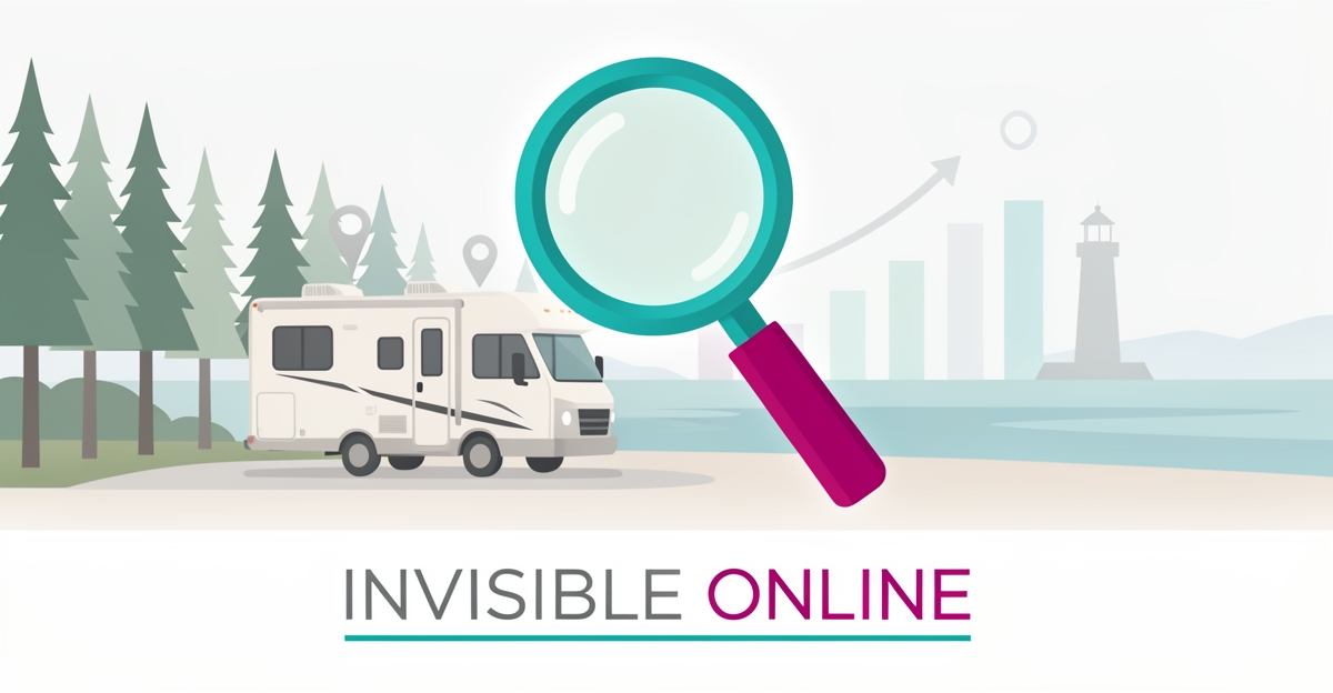 Flat illustration of an RV at a Nova Scotia coastal campground with a magnifying glass and ranking chart, headline reading Invisible Online.
